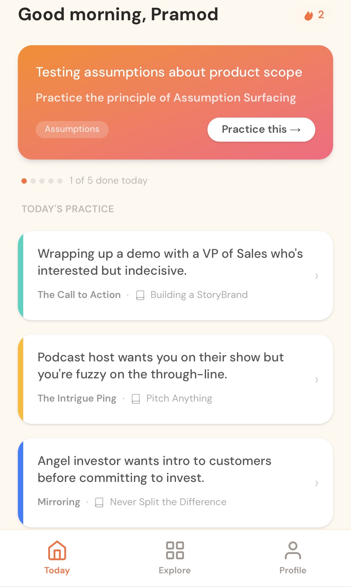 Daily Clarity app showing today's practice sessions with personalized scenarios